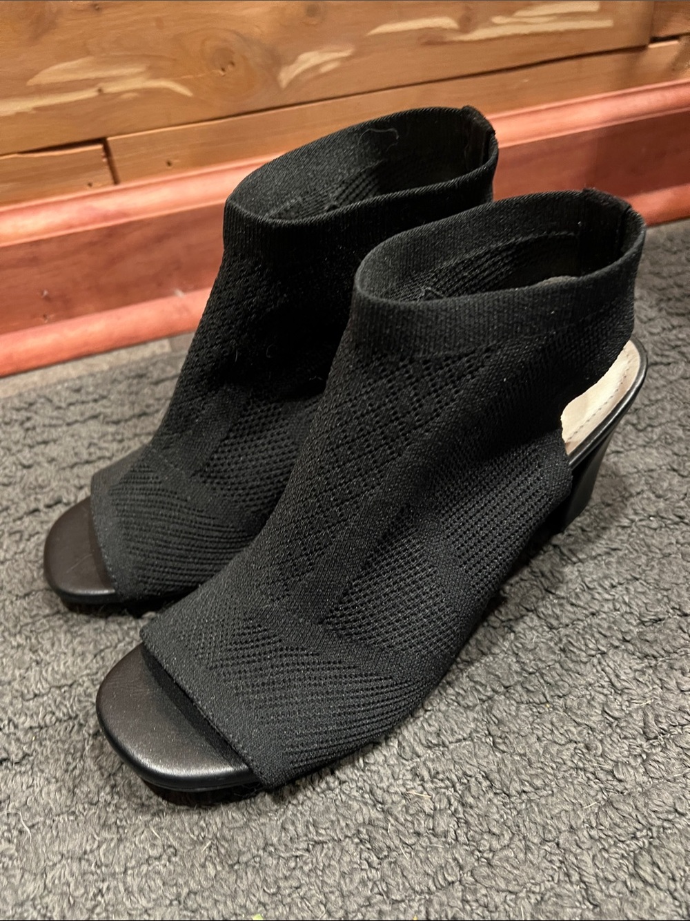 Impo Black Knit Open-Toe Block Heel Ankle Booties